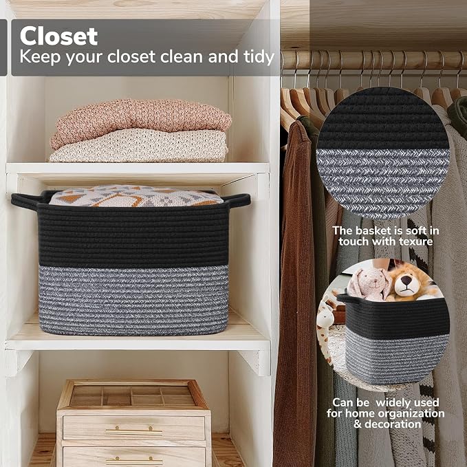 Goodpick Woven Storage Baskets for Organizing, Cotton Rope Organizer for Living Room, Closet Storage Bins for Toys Books, Rectangle Laundry Basket with Handles, 13"x10"x9", Black & Gray