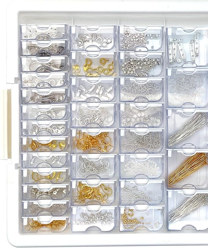 Bead Storage Solutions Elizabeth Ward Plastic See-Through Stackable 1,111 Piece Gold/Silver Assorted Costume Jewelry Findings Tray Bead Organizer