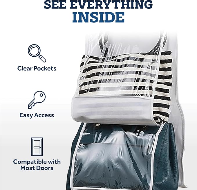 ZOBER Purse Organizer For Closet - Over The Door Purse Organizer W/ 6 Pockets for Easy Purse Storage - Durable Metal Hooks - Purse Rack W/Clear Pockets - White (2 Pack)