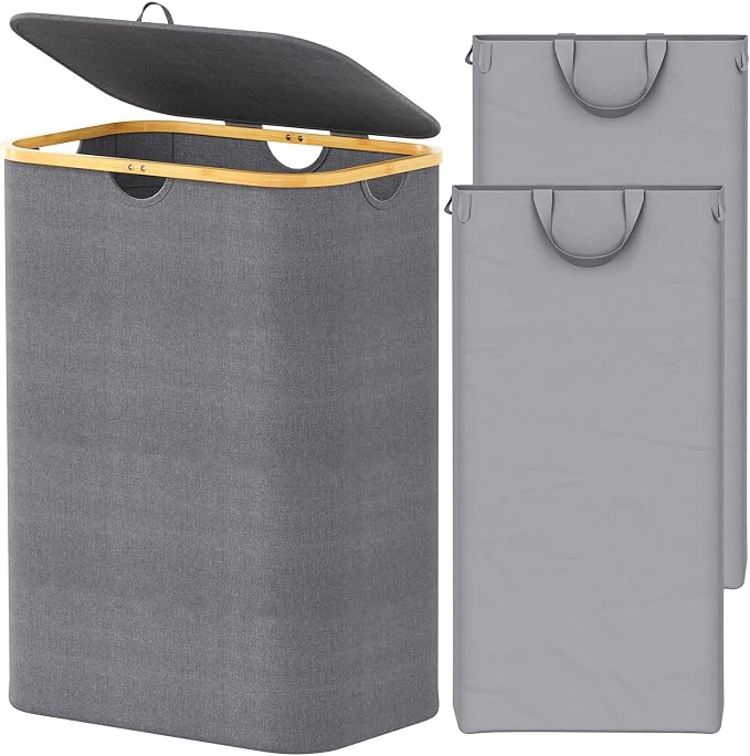 SpaceAid Double Laundry Hamper 2 Section with Lid and Removable Laundry Bags, 160L Clothes Basket with Bamboo Handles, Large Collapsible Hamper for Bedroom, Bathroom, Dorm, Laundry Room - Grey