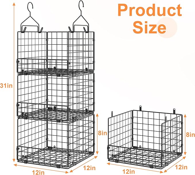 Sonyabecca 3-Tier Hanging Closet Organizers and Storage, Foldable Stackable Wire Basket Bins with 5 S Hooks, Space-Saving Hanging Closet Shelf for Clothing, Sweaters, Handbags, Hats,Purse
