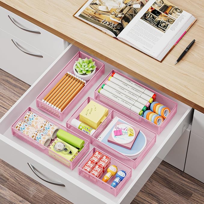 Marbrasse 5 Pack Desk Drawer Organizer Set, Mesh Drawer Storage Trays with 1 Adjustable Divider, Desk Organizers and Accessories, 5 PCS Drawer for Office Supplies, Makeup & Vanity (Pink)