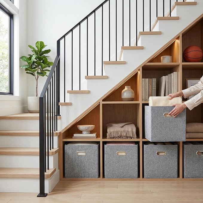 12x12 Gray Fabric Storage Cubes, 4 Pack – Foldable Linen-Look Cube Organizer Bins with Handles, Collapsible Cubby Baskets for Closet, Shelves, Nursery, Dorm Room & Kallax-Style Storage