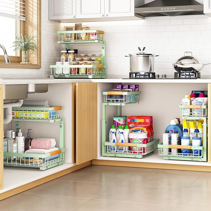 PXRACK Under Sink Organizer, Adjustable Height, 2 Tier Pull Out Under Cabinet Organizer, Slide Out Thickened Metal Under Sink Storage for Kitchen Bathroom Laundry Pantry Cabinet, Green, Large-2-Pack