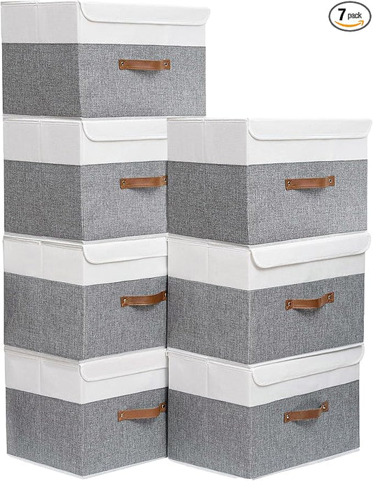 Yawinhe Storage Boxes with Lids, Linen Fabric Bin, Cube Organizer Basket, Washable and Leather Handle, for Home, Closet, White/Grey, 15.0''Lx9.8''Wx9.8''H, 7-Pack, USNK024WGL-7