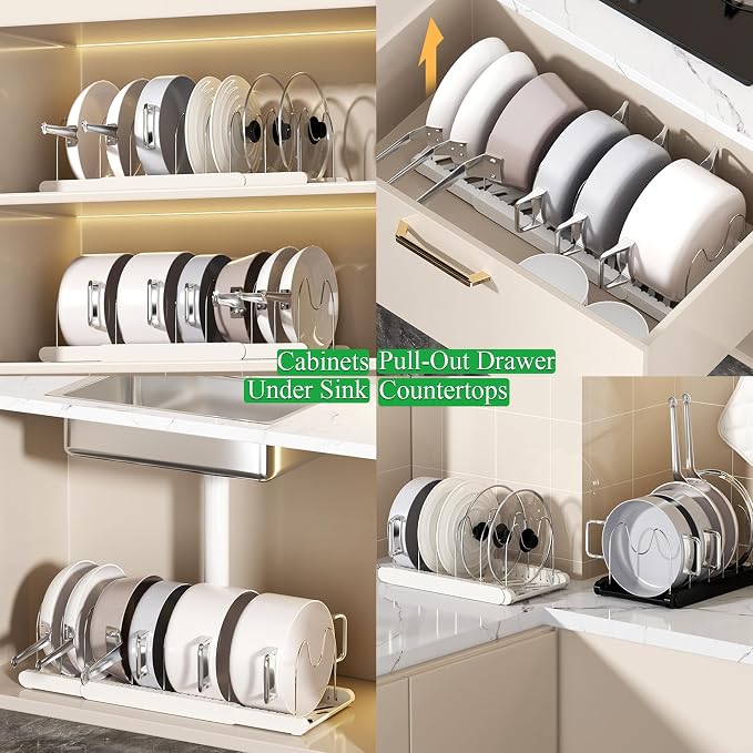 Pot Rack : Pots and Pans Organizer Under Cabinet 7 Adjustable Compartment Expandable Pot Lid Holder for Kitchen Cookware, Bakeware, Lid, Dishes, Cutting Boards,Apricot 2PCS
