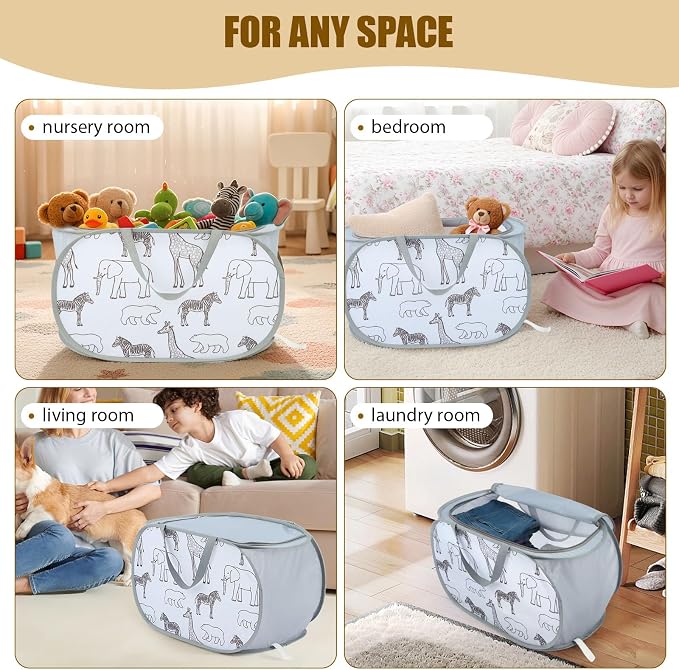 Foldable Toy Storage Basket with Zipper Lid & Handles- Animal Print, Gray | Collapsible Stuffed Animal Organizer Bin, Lightweight Toy Chest, Space-Saving, Sturdy, for Kids Room, Playroom, Living Room