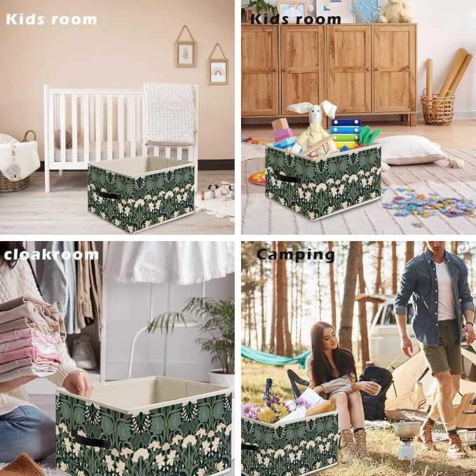 Vintage Art Deco Dark Green Floral Storage Bin Box with Handles, William Morris Inspired Flower Foldable Organizer Basket Toybox for Home Bedroom Bathroom Clothes Toys Books