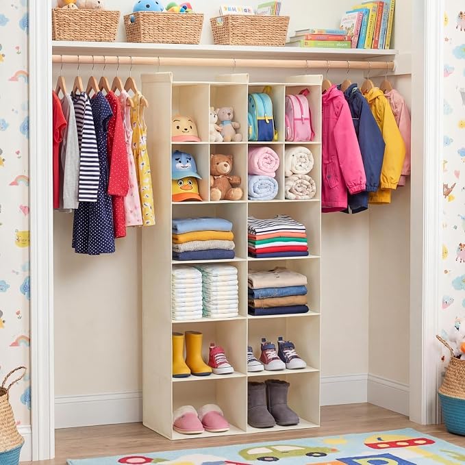 Ofiray-home 6 Tier Hanging Closet Organizer, 16 Compartments Sweater Organizer for Closet with 3 Sturdy Hooks, Closet Organizers and Storage, Wardrobe, Rv, Garment Rack, Beige