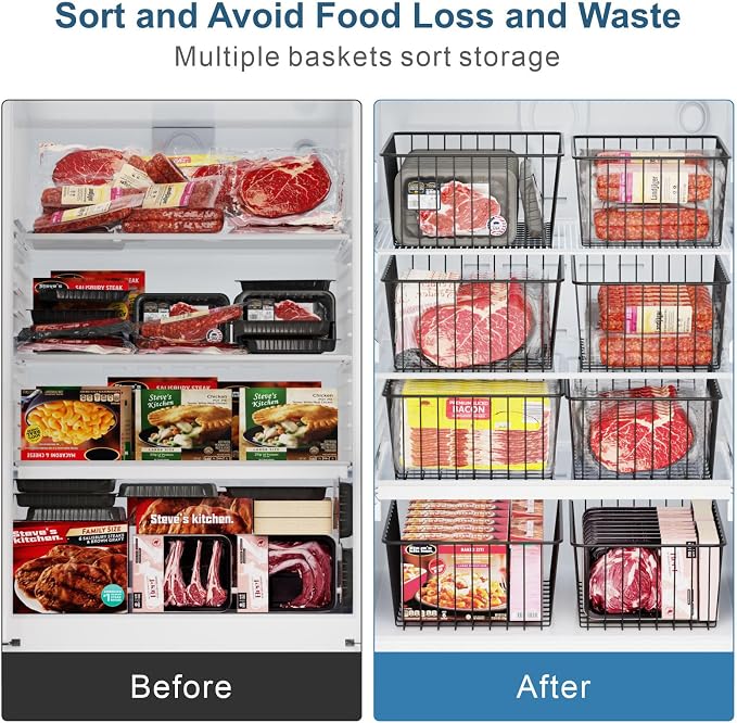 iSPECLE Freezer Organizer Bins - 6 Pack Stand Up Freezer Organizers for 16 Cu.Ft Upright Freezer, Storage Baskets for Meat & Veggies, Prevents Items Falling, Slide-Out Access, 3 Large 3 Medium, Black
