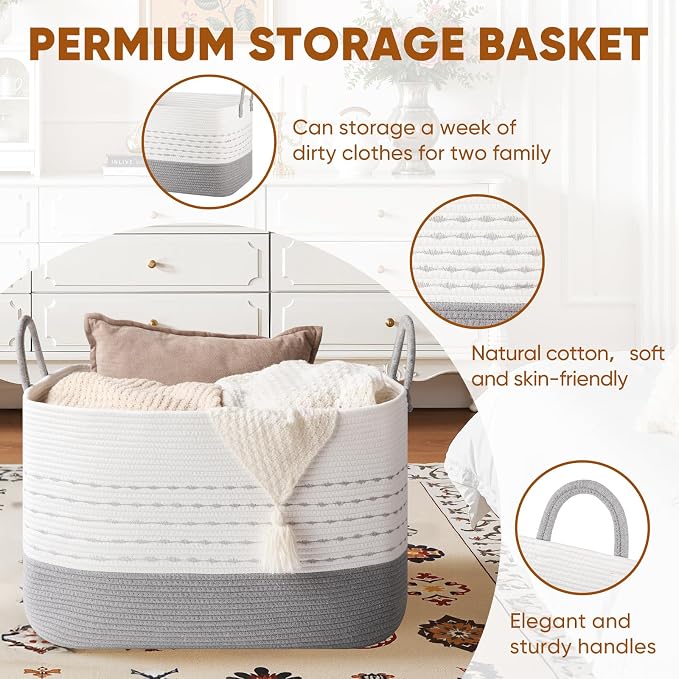 OIASKET XXL Large Blanket Basket for Living Room, 108L Woven Storage Baskets for Organizing, Rectangle Cotton Rope Basket Toy Chest With Handles-Grey & White