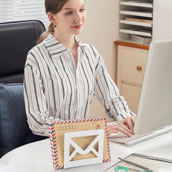Desktop Metal Mail Holder,Letter Organizer for Desk (White) | Modern,Cutout Envelope Design,Envelope and Document Storage Rack for Home and Office