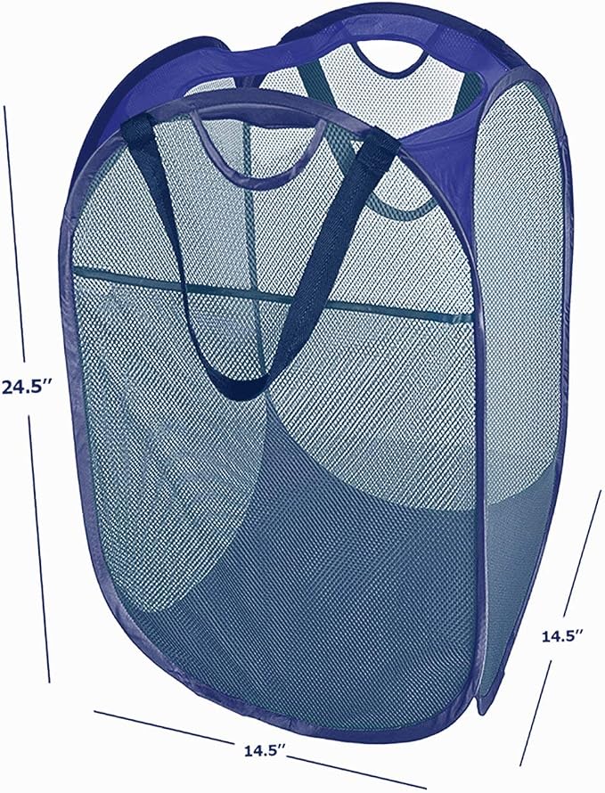 HOUSE AGAIN [Reinforced] Strong Mesh Pop-up Laundry Hamper, Quality Collapsible Laundry Basket with Durable Handles Solid Bottom High Carbon Steel Frame, Easy to Open and Fold Flat for Storage(Blue)