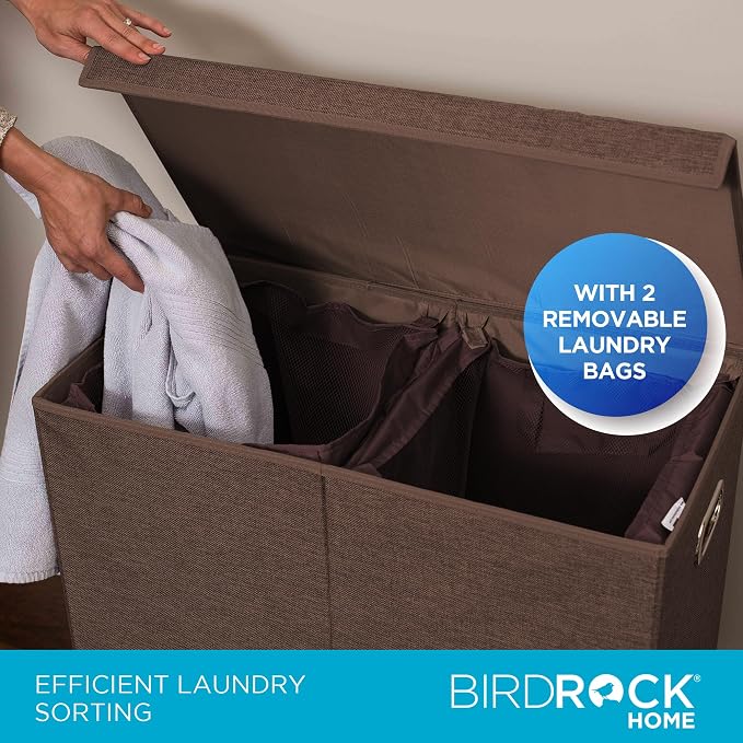 BIRDROCK HOME Laundry Hamper with Lid | Removable Bags for Sorting Clothes | Sectioned Laundry Basket for Bedroom & Bathroom | Collapsible Storage Bin with Cover | Double, Brown