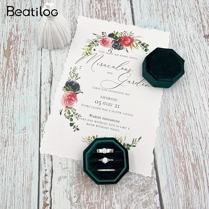 Velvet Ring Box 3 Slots Wedding Day - Octagonal Premium Rings Holder Handmade Ring Bearer Jewelry Storage Organizer for Wedding Ceremony, Christmas, Photography Prop (Emerald)
