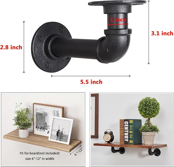 Industrial L Pipe Shelf Brackets for 6-12 in Depth Wood,Heavy-Duty 3/4" Iron,Wall Mount Floating Shelf Bracket L Metal Pipe Shelving Brackets for Wood-Black DIY Pipe Shelves(5.5*3.1 Inch 4 Pack)