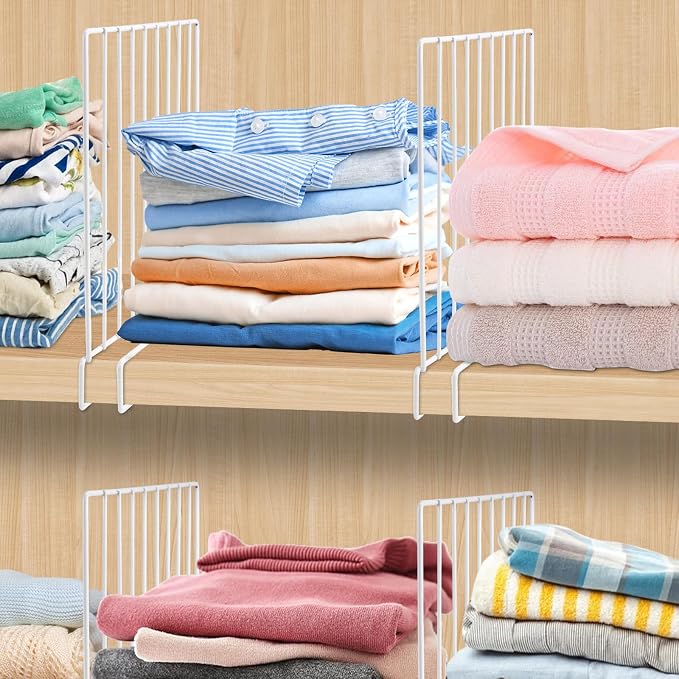 8-Pack 9“ Tall Metal Shelf Dividers for Closet Organization, Wardrobe, Bookshelf, Cabinet, Cupboard - Closet Shelf Dividers - Easy to Install - No Tool - White PE Coating Steel