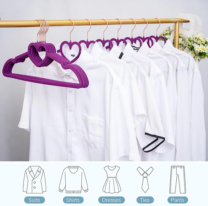 Velvet Hangers 50 Pack,16 Inch Non Slip Adult Hanger(Dark Purple) | 360° Swivel Hooks, Cascade Design, Space Saving