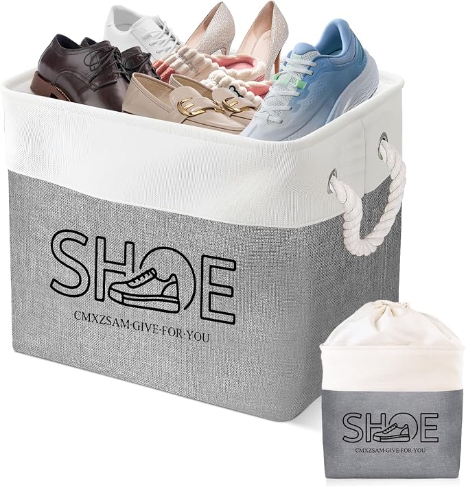 Shoe Basket Organizer, Large Capacity Fabric Entryway Shoe Storage Bin with Handle, Flodable Space-Saving Shoe Basket for Entryway, Hallway, Entryway and Mudroom