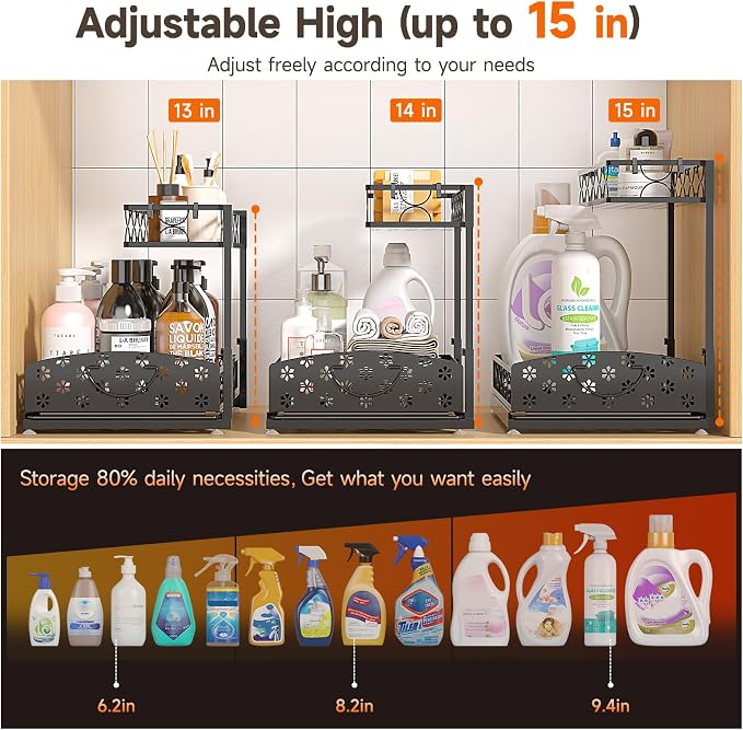 Sevenblue 2-Pack 2-Tier Height Adjustable Under Sink Organizer & Storage | Multi-purpose storage for kitchen & bathroom cabinet. Extra Large metal shelf, height adjustable design for space-saving.