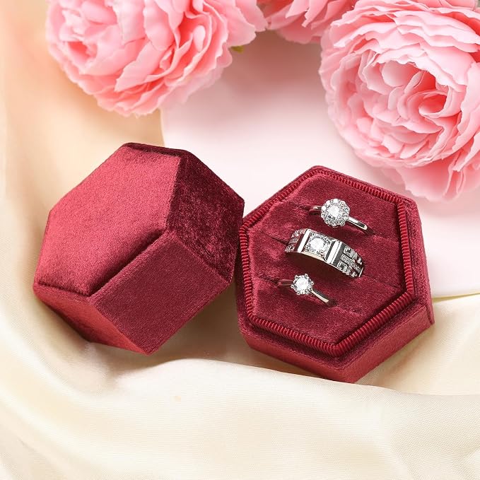 WantGor Velvet Jewelry Ring Box, 3 Slots Hexagon Ring Gift Box Ring Holder | Vintage Ring Display Case for Wedding Ceremony Proposal Engagement (Burgundy, 3 Slots)