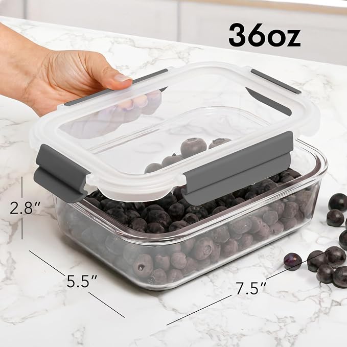 ECOBERI Glass Meal Prep Containers, 5 Piece 4.5 Cup Set, Borosilicate Glass Food Storage with Leak-Resistant Lids, Oven, Microwave, Freezer and Dishwasher Safe
