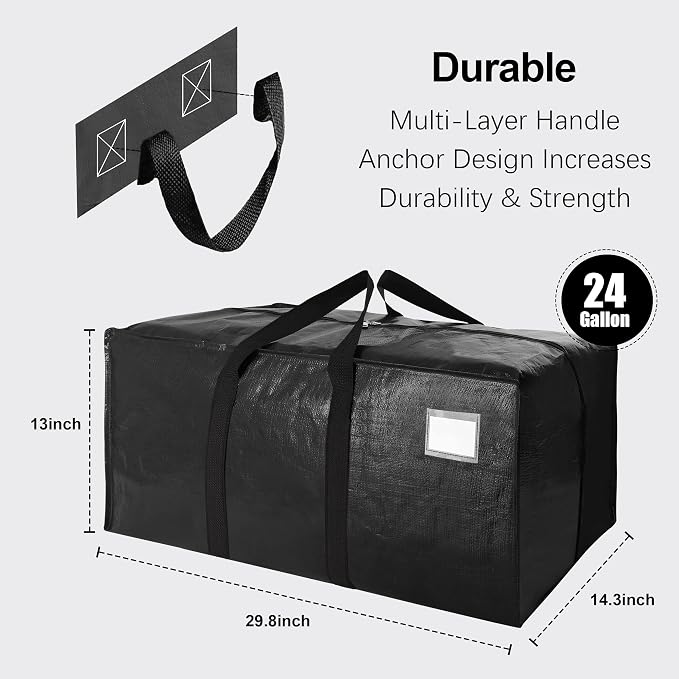 VELVETSURE 12 Pack Heavy Duty Extra Large Moving Bags W/Backpack Straps - Strong Handles & Zippers, Storage Totes For Space Saving, Fold Flat, Alternative to Moving Box and Storage Bin, Black