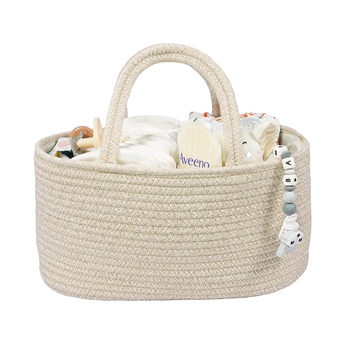 Baby Diaper Caddy Organizer for Girl Boy Cotton Rope Nursery Storage Bin Basket Portable Holder Tote Bag for Changing Table Car Travel Baby Shower Gifts Newborn Registry Must Have Items oatmeal