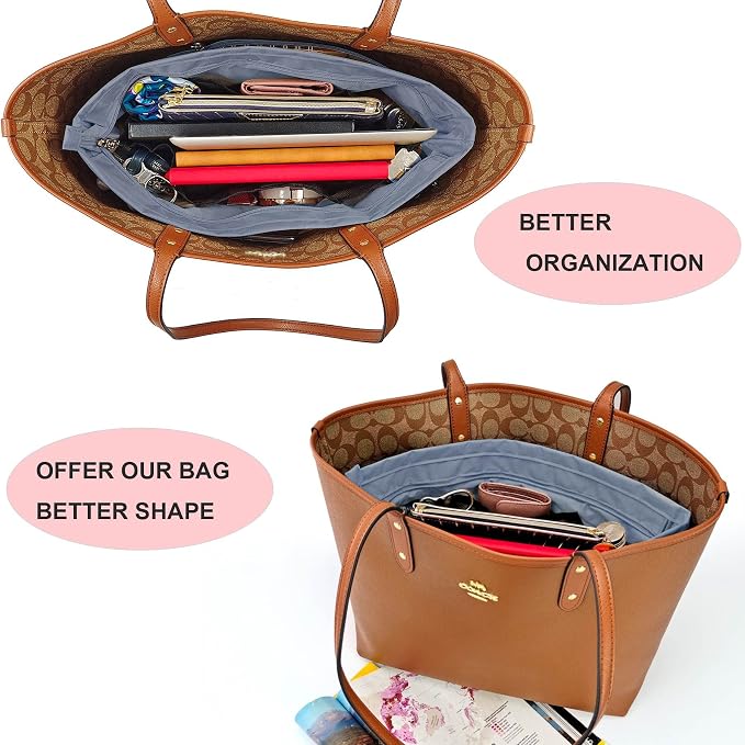 Handbag Tote Purse Organizer Insert, Small, Grey | Bag Divider Liner Shaper Separator in Bag with Zipper, 11 Pockets Compartments