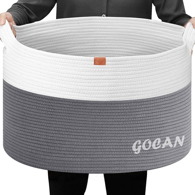 GOCAN Storage Baskets for Organizing D22"H14" Large blanket basket laundry basket Cotton Rope Woven Basket for toy towl in Living Room (Ltgrey/Beige) XXXL