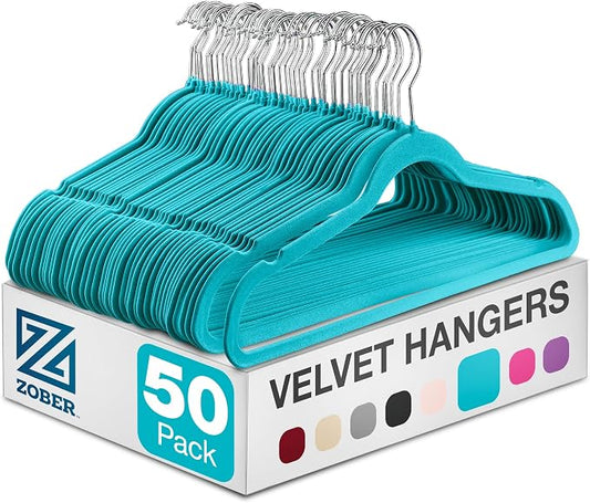 ZOBER Turquoise Velvet Hangers 50 Pack - Clothes Hangers, Coat Hanger for Pants & Dress Clothes - Non Slip w/ 360 Degree Swivel, Holds up to 10 lbs - Strong Felt Hanger for Clothing