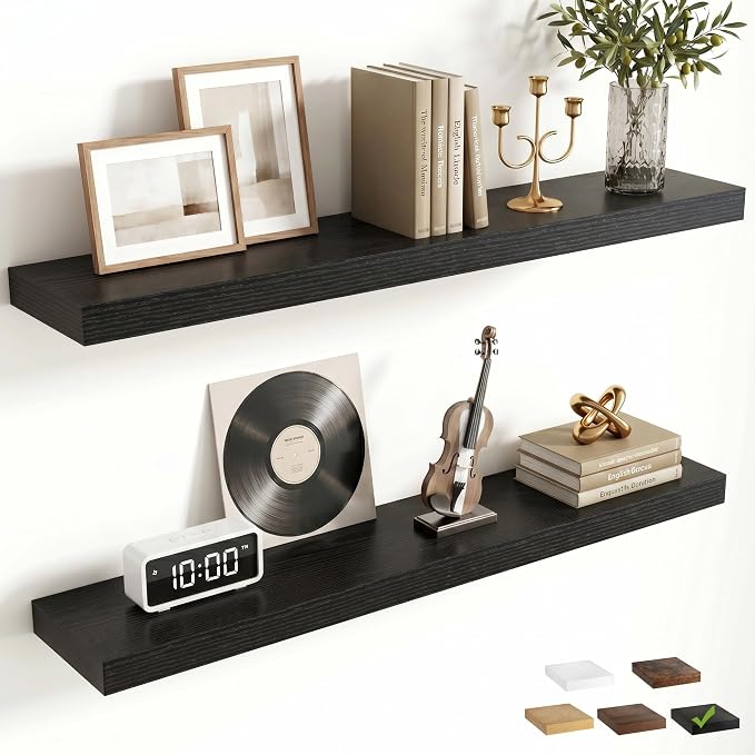 FLYJOE 36 Inch Floating Shelves for Wall Set of 2, 6.5" D Wood Grain Bathroom Shelves with Invisible Brackets, Easy Install Engineered Wood Storage Shelves for Kitchen, Living Room, Bedroom