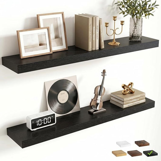 FLYJOE 36 Inch Floating Shelves for Wall Set of 2, 6.5" D Wood Grain Bathroom Shelves with Invisible Brackets, Easy Install Engineered Wood Storage Shelves for Kitchen, Living Room, Bedroom