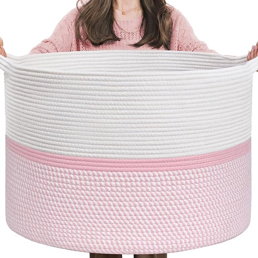 CHICVITA Extra Large Cotton Rope Woven Basket, XXL Throw Blanket Storage Basket with Handles, Pink Decorative Clothes Hamper Laundry Hamper - 22" x 22" x 14"