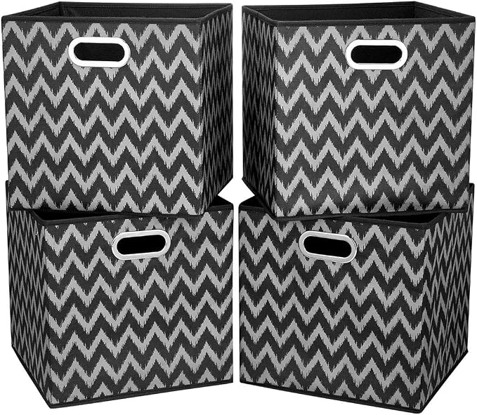 Cloth Storage Bins Set of 4 Thick Fabric Drawers Foldable Cubes Basket Organizer Container with Dual Metal Handles for Shelf Cabinet Bookcase Boxes Grey-Black 13x13x13 inch
