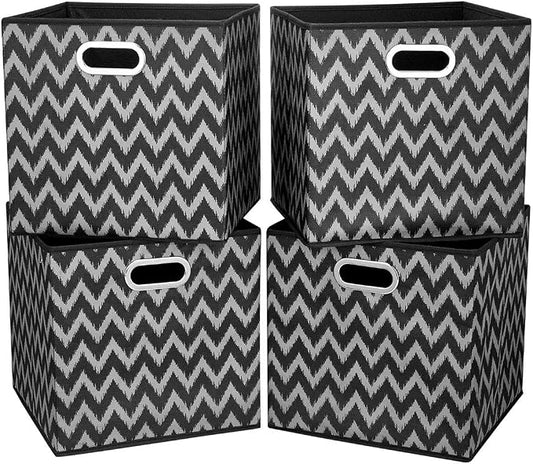 Cloth Storage Bins Set of 4 Thick Fabric Drawers Foldable Cubes Basket Organizer Container with Dual Metal Handles for Shelf Cabinet Bookcase Boxes Grey-Black 13x13x13 inch