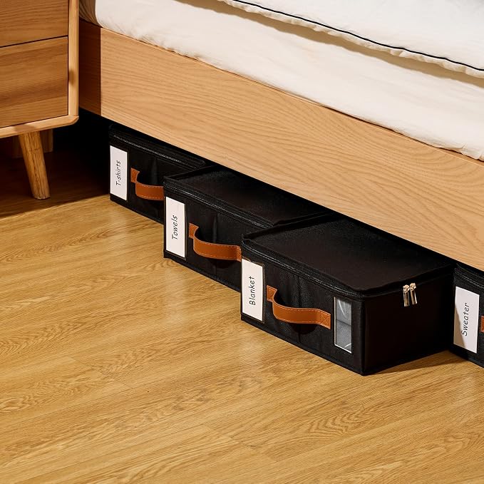 4pack Bed Sheet Organizer, Foldable Linen Closet Organizers and Storage with Sealed Design, Queen & King Size Sheet Storage with Window, Closet Organizer for Bedsheets/Blankets/Clothes, Black