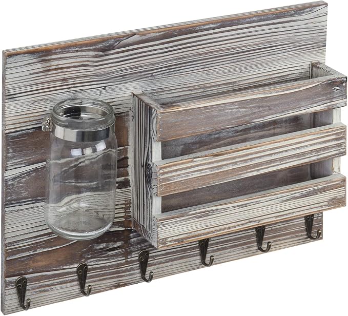 MyGift 6 Hook Wall Mounted Entryway Key Hanger and Mail Holder Basket, Rustic Torched Wood Hanging Home Organizer Rack with Decorative Mason Jar Flower Vase