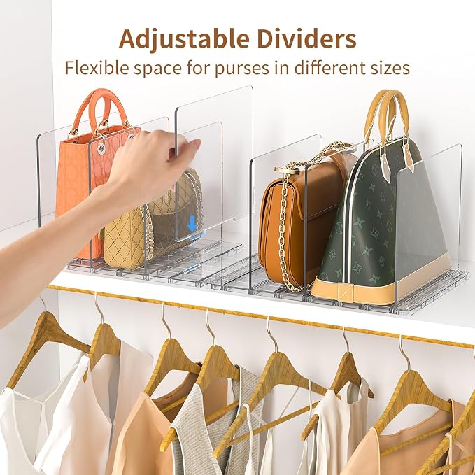 GoMaihe Bag & Purse Organizer for Closet: 4 Sets Adjustable Clear Handbag Storage Shelf - Plastic Clutch Dividers | Minimal | Keep Purses upright