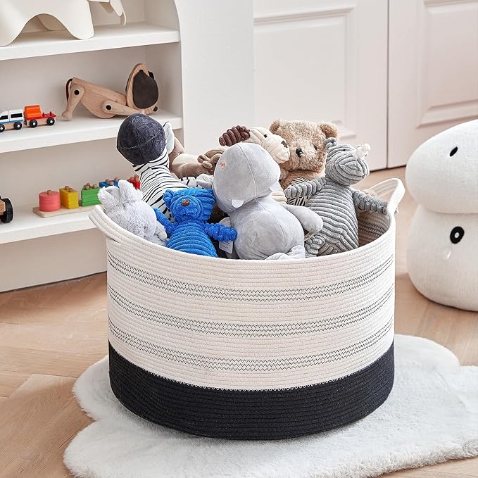 R RUNKA XXXLarge Cotton Rope Basket 22" X 22"X 14" Blanket Basket for Living Room Woven Basket Soft Baby Laundry Blanket Basket Nursery Bin Toy Basket with Handle White+Black