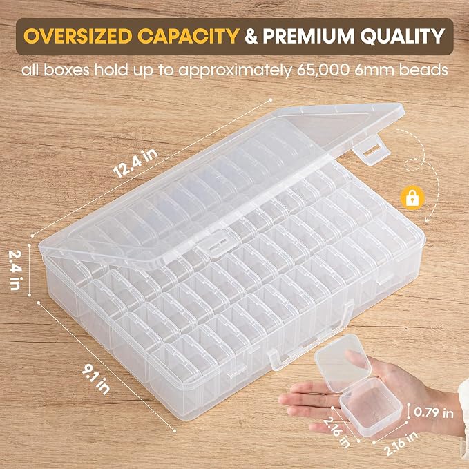 Portable Bead Organizer, 60Pcs Small Clear Storage Boxes with Hinged Lid and Large Craft Case with Handle, Mini Plastic Containers for Jewelry Making Diamonds Arts Screws Seeds Small Parts