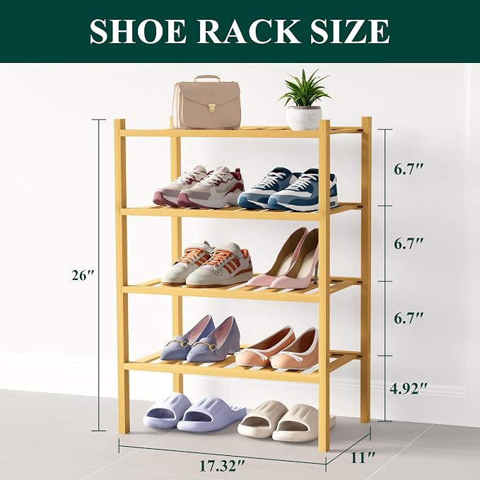 Smiry Bamboo Shoe Rack for Closet, 4 Tier Small Wooden Shoe Organizer, Stackable Wood Shoe Storage Shelf for Entryway, 14 Vertical Slats, 2+2 Stack Heavy-Duty Legs, 17.32"x11.02"x25.98", Natural