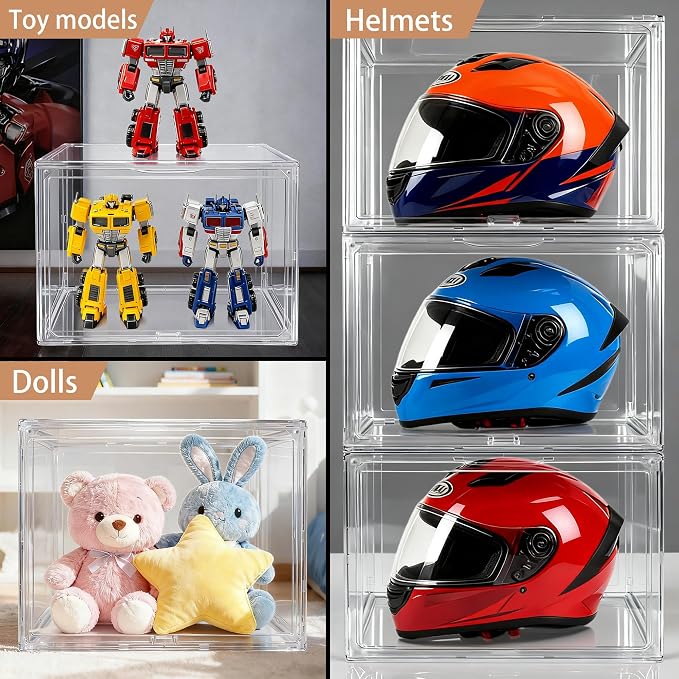 5 Pack XXX-Large Super Large Acrylic Display Case Figures Collectibles Helmet Showcase Boot & Shoe Boxes Clear Stackable Plastic Storage Bins Organizer with Magnetic Lid, 5 Pack with 2 Shoe Bags