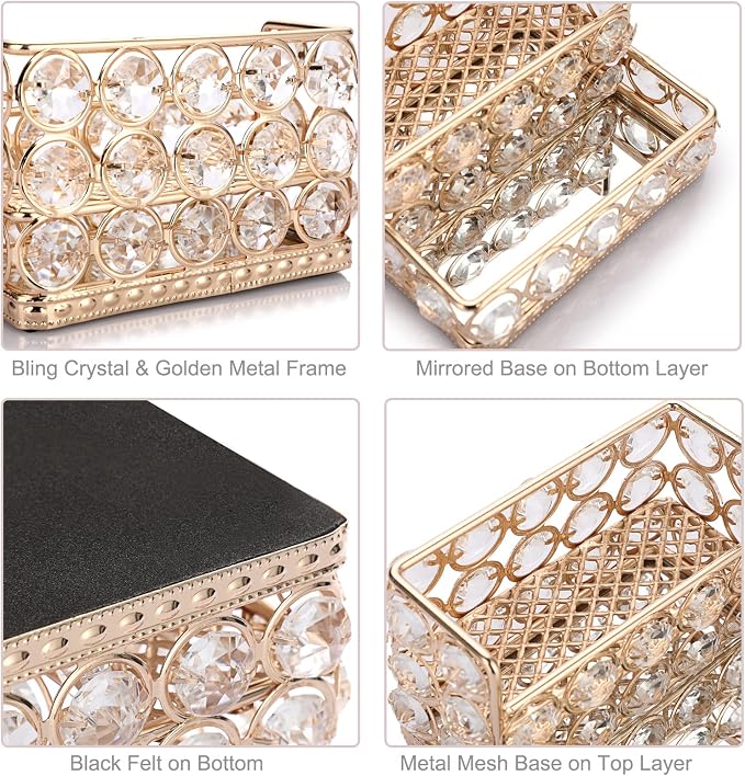 Hipiwe 2 Tiers Crystal Business Card Holder Gold Mirrored Cards Organizer | Business Cards Display Stand Desktop Name Card Storage Holder for Office Countertop