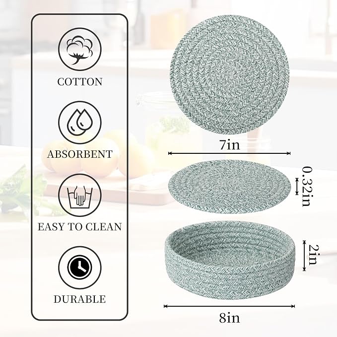 Trivets for Hot Dishes, Pots and Pans, Heat Resistant Hot Pads with Storage Basket, Pot Holders for Kitchen Countertop, Trivet Mats Home Essentials Farmhouse Decor (Green 4 Pcs)