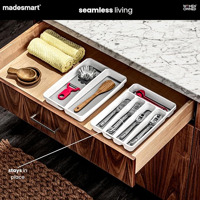 madesmart Classic Small Silverware Tray - White | CLASSIC COLLECTION | 5-Compartments | Icons help sort Flatware, Utensils and Cutlery | Soft-grip Lining and Non-slip Feet | BPA-Free