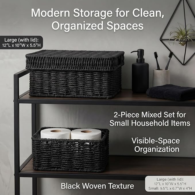 Wicker Storage Basket with Lid - Woven Basket for Storage,Rectangular Decorative Boxes Bins with Lids for Shelves,living room, Nursery, 2 baskets+1 lid(Black)
