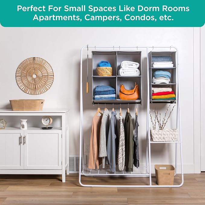 HOLDN’ STORAGE Hanging Closet Organizer with Garment Rod, 4-Shelf | Heavy Duty Hanging Shelves for Clothes, Sweaters & Shoes, 600D Fabric Storage Unit with Built-in Clothing Rod, Grey