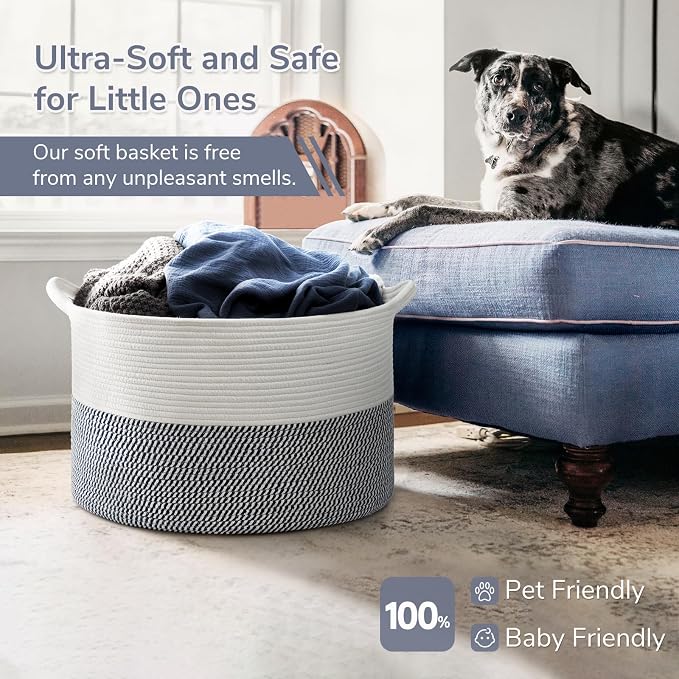 INDRESSME XXXLarge Cotton Rope Basket 21.7" x 21.7" x 13.8" Woven Baby Laundry Baskets Blanket Basket Toy Baskets with Handle Storage Comforter Cushions Navy Laundry Hamper