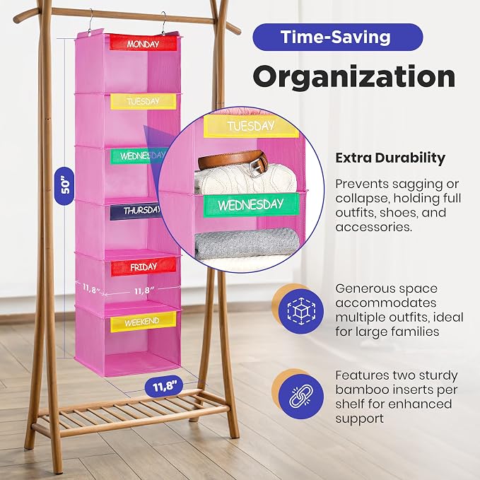 Handy Laundry Weekly Clothes Organizer for Kids, 6-Shelf Bamboo Reinforced | Days of the Week Hanging Closet Shelves, Monday Through Friday and Weekend, School Outfit Storage, Side Pockets, Pink